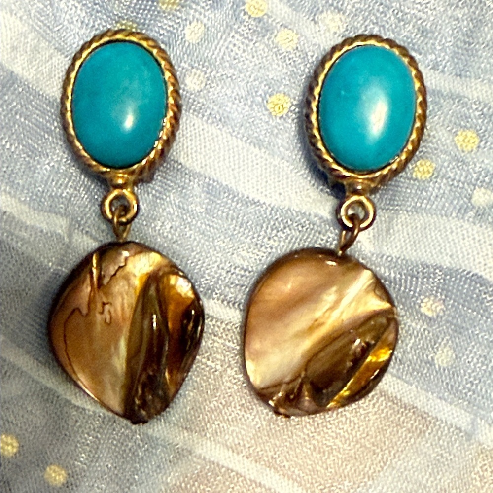 Vintage Clip-on Earrings with Turquoise Cabochons & Iridescent Shell Drops